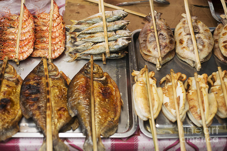 Fish Photograph - Asian Grilled Barbecued Seafood In Kep Market Cambodia by JM Travel Photography
