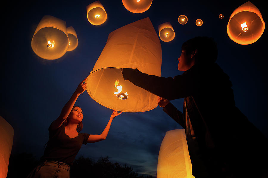 Asian sweet love enjoy yeepeng festival in Chiang mai Photograph by Anek Suwannaphoom