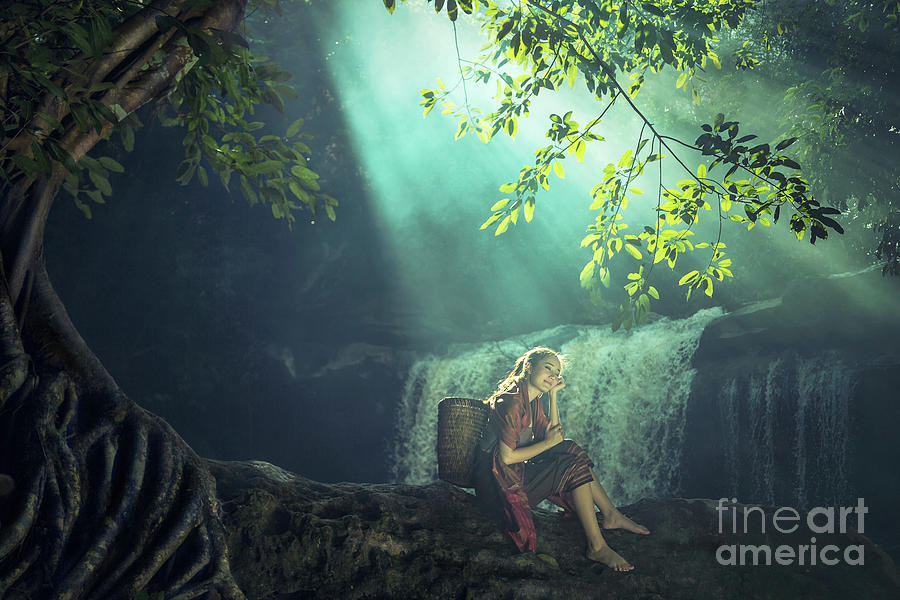 Asian Woman Sitting Alone At The Waterfall Photograph By Sasin Tipchai