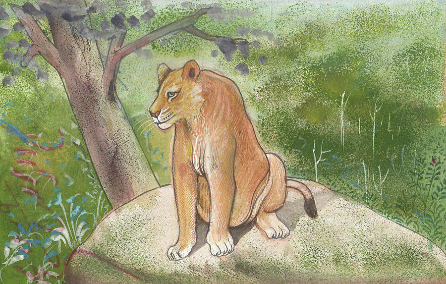 Asiatic Lion State Animal Of Gujarat Wild Life Forest Animal Miniature Watercolor Artwork Painting by Jagdeesh Prasad