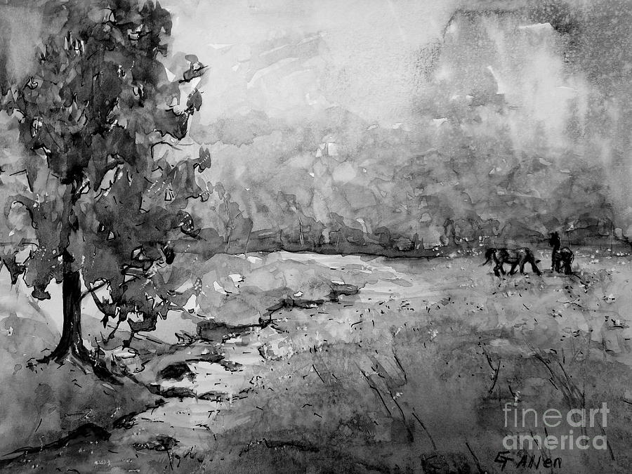 Aska Farm Horses in BW Painting by Gretchen Allen