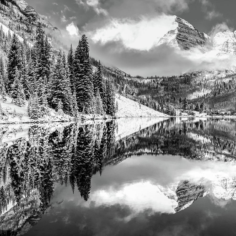 Aspen Colorado Maroon Bell Landscape Reflections 1x1 Black and White Photograph by Gregory Ballos