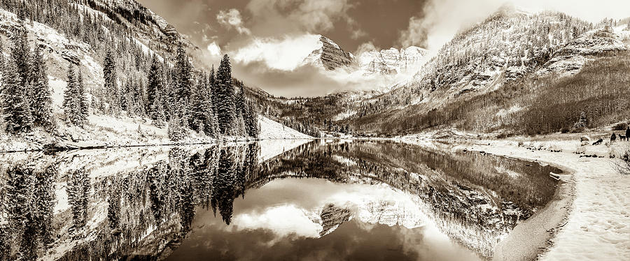 Winter Photograph - Aspen Colorado Maroon Bells Panorama - Sepia Edition by Gregory Ballos