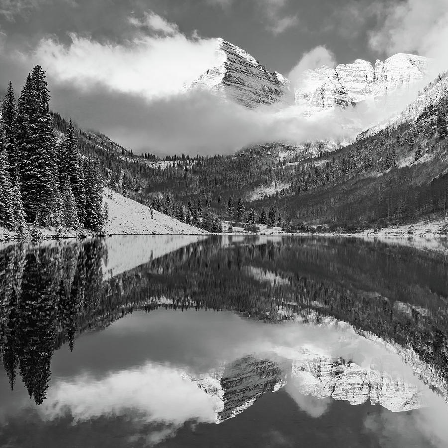 Nature Photograph - Aspen Colorado Maroon Lake and Mountain Reflections - Monochrome by Gregory Ballos