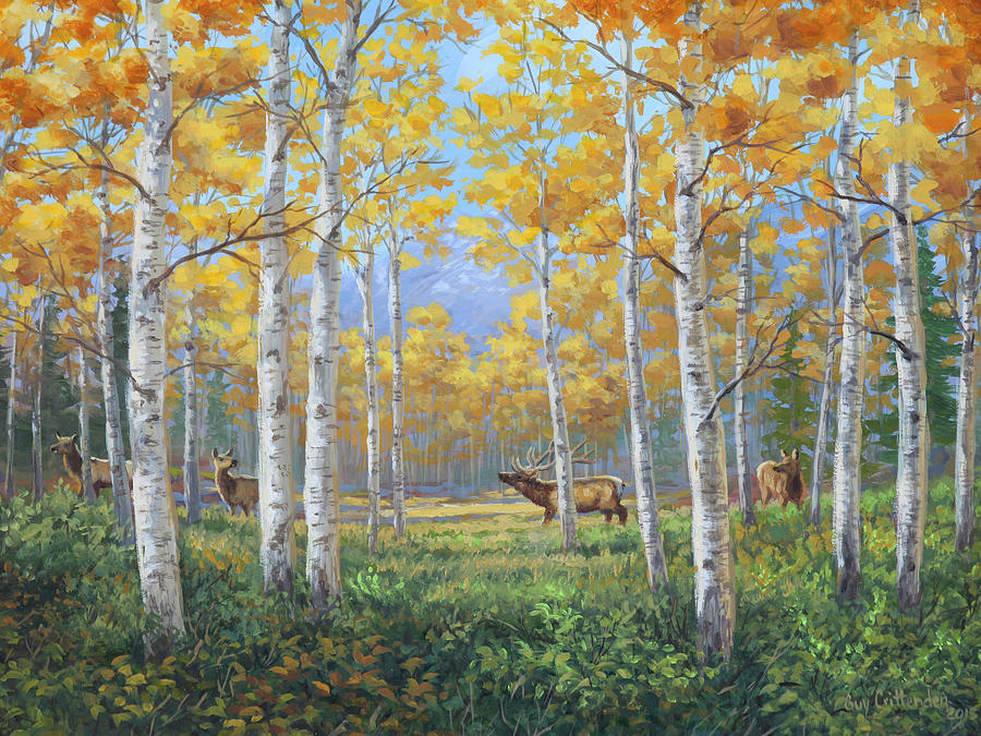 Elk Painting - Aspen Meadow Courtship by Guy Crittenden