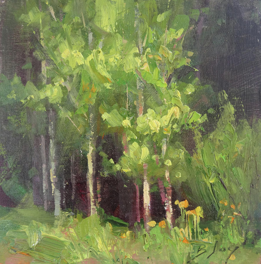 Aspen Trees and Flowers Painting by Becky Joy