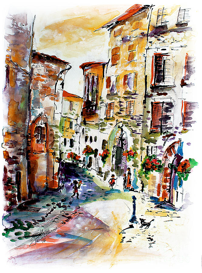 Assisi Italy Old Town Watercolor Painting by Ginette Callaway