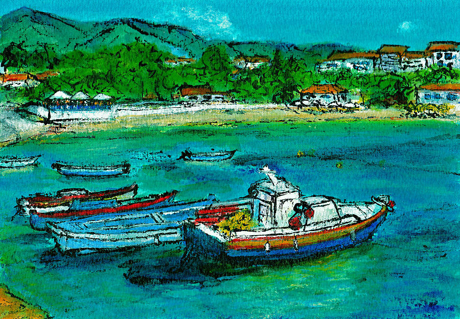 Assos Harbour Kefalonia Painting by Jackie Sherwood