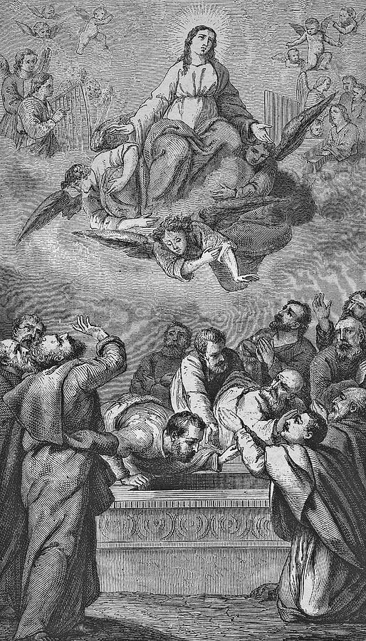 Assumption Of Mary, Historic Steel Engraving From A Bible 1860 Drawing