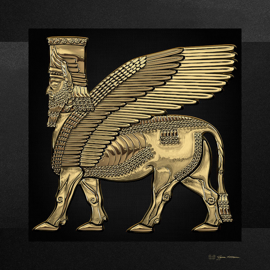 Assyrian Winged Bull - Gold Lamassu over Black Canvas Digital Art by Serge Averbukh