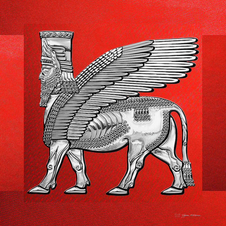 Assyrian Winged Bull - Silver Lamassu over Red Canvas Digital Art by Serge Averbukh