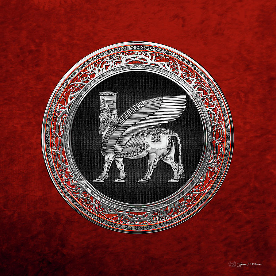 Assyrian Winged Bull - Silver Lamassu over Red Velvet Digital Art by Serge Averbukh