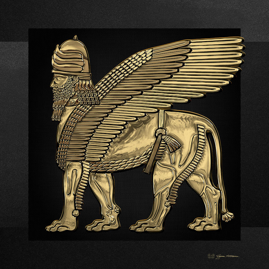 Assyrian Winged Lion - Gold Lamassu over Black Canvas Digital Art by Serge Averbukh