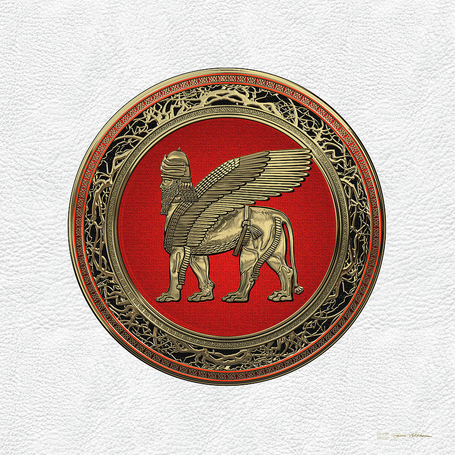 Assyrian Winged Lion - Gold Lamassu over White Leather Digital Art by Serge Averbukh