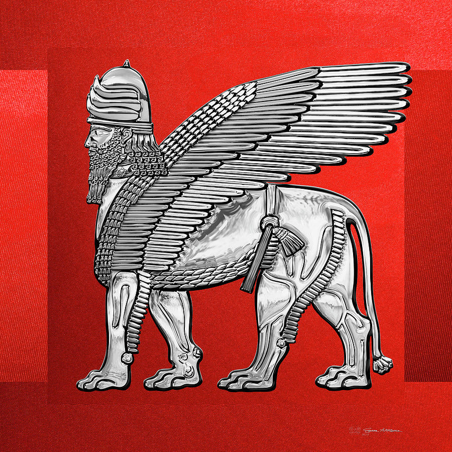 Assyrian Winged Lion - Silver Lamassu over Red Canvas Digital Art by Serge Averbukh
