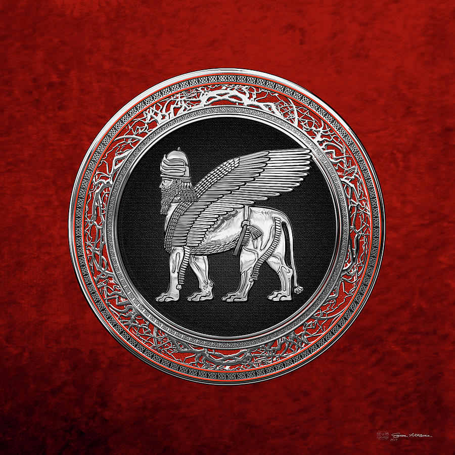 Assyrian Winged Lion - Silver Lamassu over Red Velvet Digital Art by Serge Averbukh