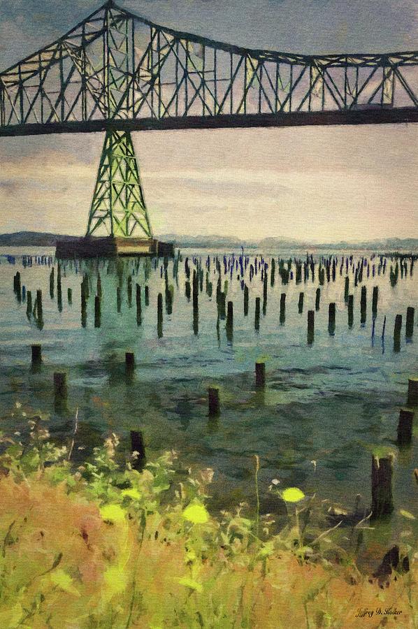 Astoria Waterfront, Scene 3 - Pier Posts Under the Bridge Painting by Jeffrey Kolker