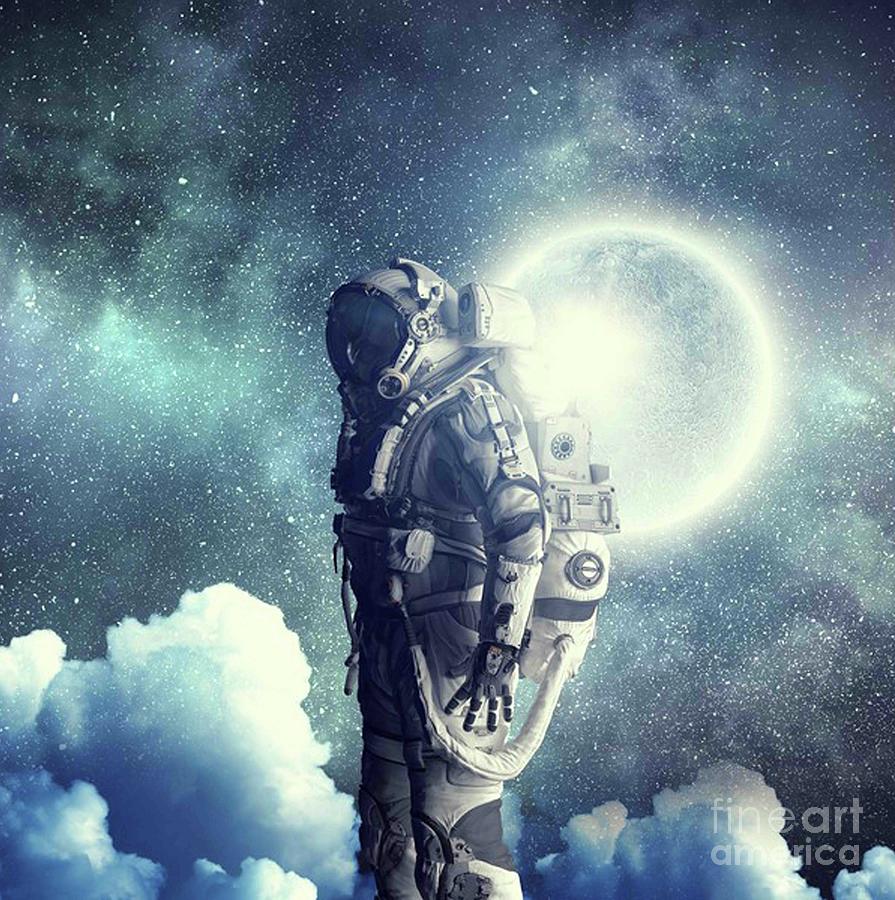 Astronaut Standing In The Clouds And Moon Behind Him Digital Art