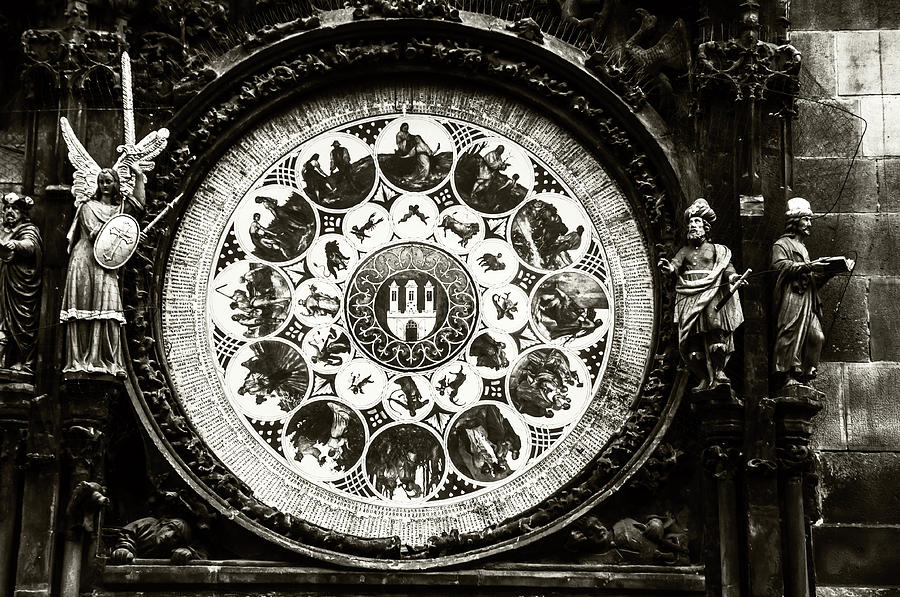 Astronomical Clock in Prague. Monochrome Photograph by Jenny Rainbow