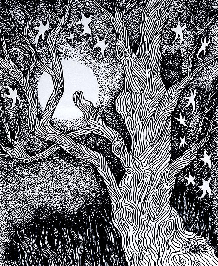 At Night Beside The Twisted Tree Drawing by Yvonne Blasy