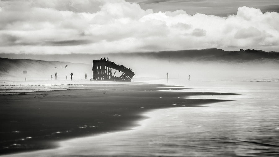 At Peter Iredale shipwreck black and white Photograph by Eduard Moldoveanu