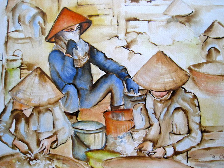 At the Fish Market - Vietnam Painting by Myra Evans