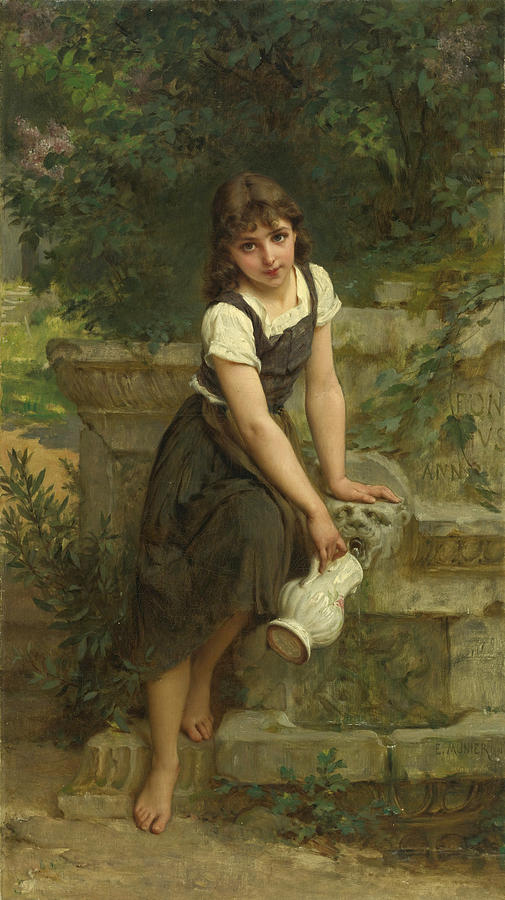 At the Fountain Painting by Emile Munier