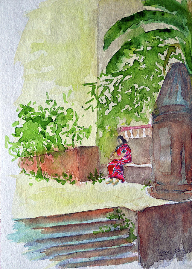 At the temple Painting by Uma Krishnamoorthy