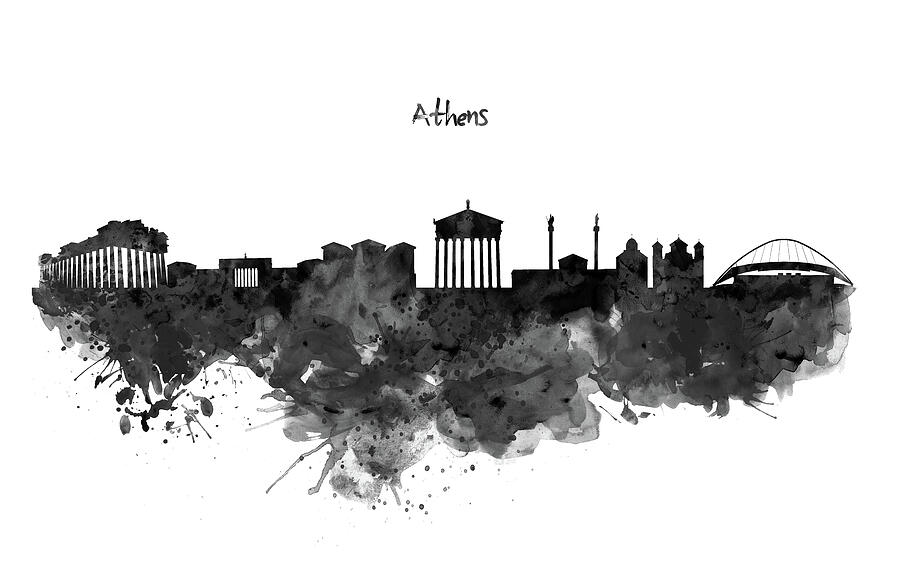 Skyline Painting - Athens Black and White Skyline by Marian Voicu