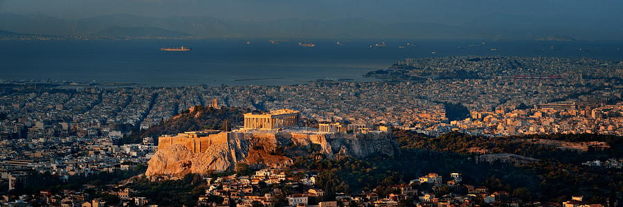 Athens skyline at sunrise from Mt Lykavitos panorama Photograph by Songquan Deng