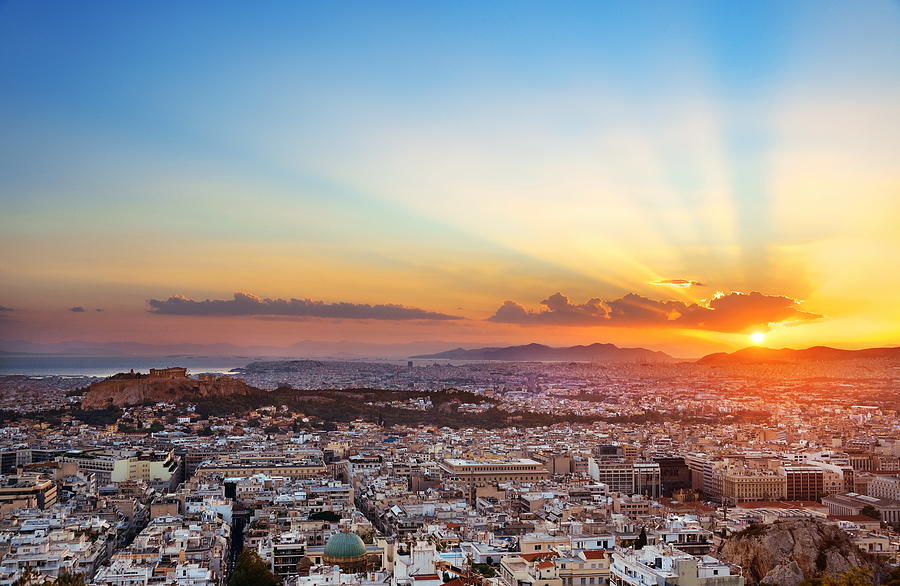 Athens skyline sunset from Mt Lykavitos Photograph by Songquan Deng