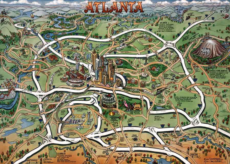 Atlanta Cartoon Map Painting by Kevin Middleton