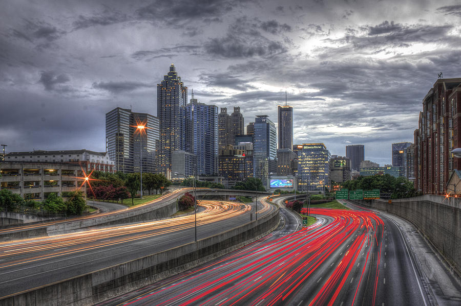 Car Photograph - Atlanta Lights Up Downtown I-75 I-85 by Reid Callaway