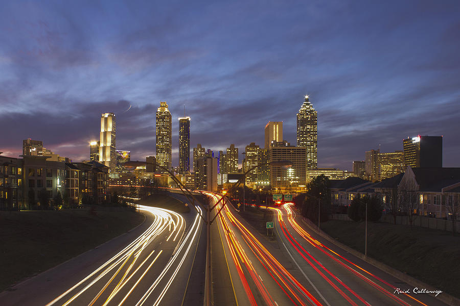 Car Photograph - Atlanta Night Lights Sunset Cityscape Skyline Art by Reid Callaway