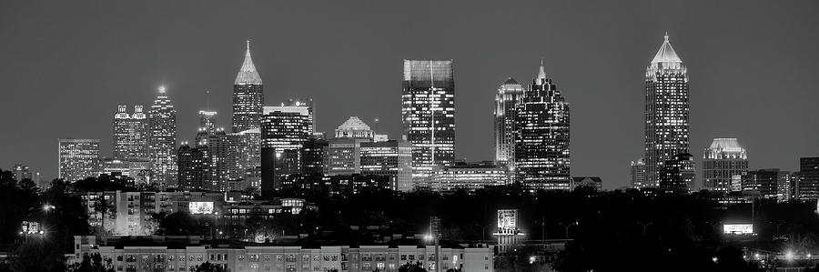 Atlanta Skyline at Night Downtown Midtown Black and White BW Panorama Photograph by Jon Holiday