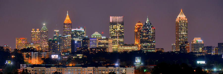 Atlanta Skyline at Night Downtown Midtown Color Panorama Photograph by Jon Holiday