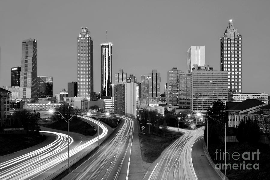 Atlanta Skyline in Morning Downtown Light trails BW Black and white Photograph by Jon Holiday