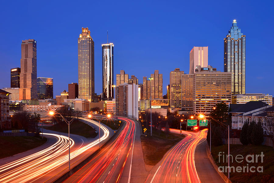 Atlanta Skyline in Morning Downtown Light trails Color Photograph by Jon Holiday