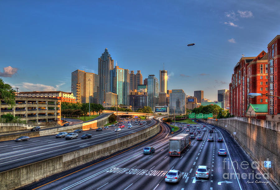 Atlanta Sunset 2 Goodyear Blimp Overhead  Cityscape Art Photograph by Reid Callaway