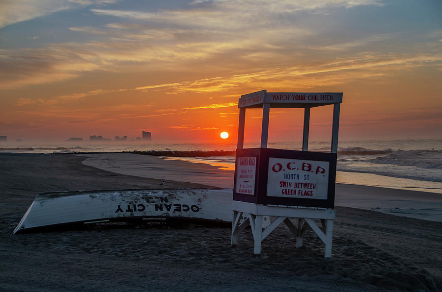 Atlantic City Cityscape from Ocean City Beach at Sunrise Photograph by Bill Cannon