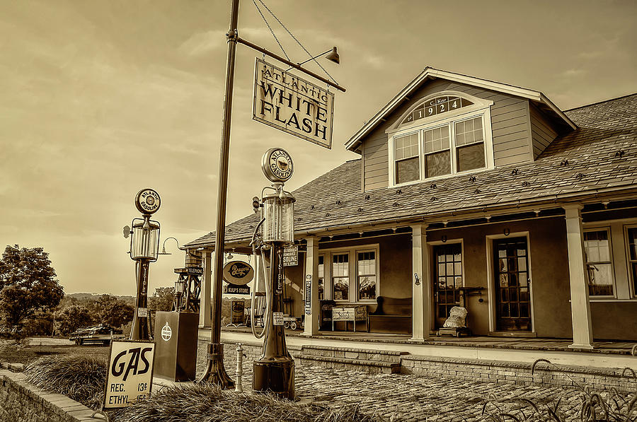 Atlantic White Flash Gas Station in Sepia Photograph by Bill Cannon