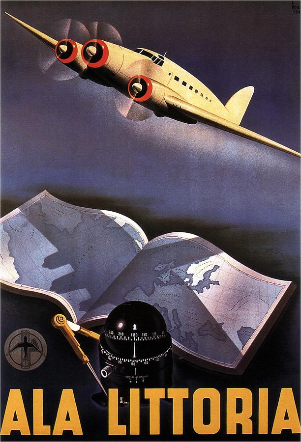 Map Painting - Atlas, Map and Compass - Vintage Propeller Aircraft - Ala Littoria - Vintage Travel Poster by Studio Grafiikka