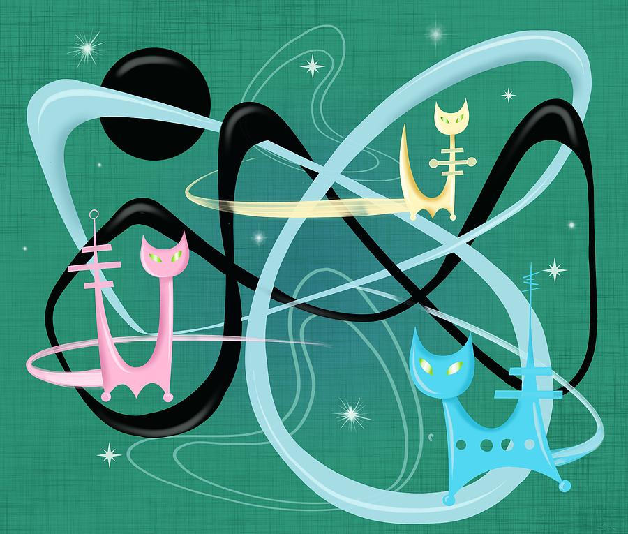 Space Painting - Atomic Rocket Cats In Space by Little Bunny Sunshine