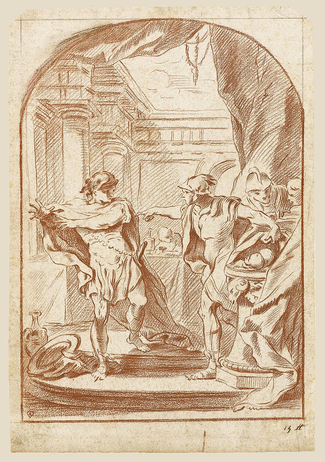 Atreus showing his Brother Thyestes the Heads of his own Children whose Bodies he had unwittingly ea Drawing by Francois Boucher