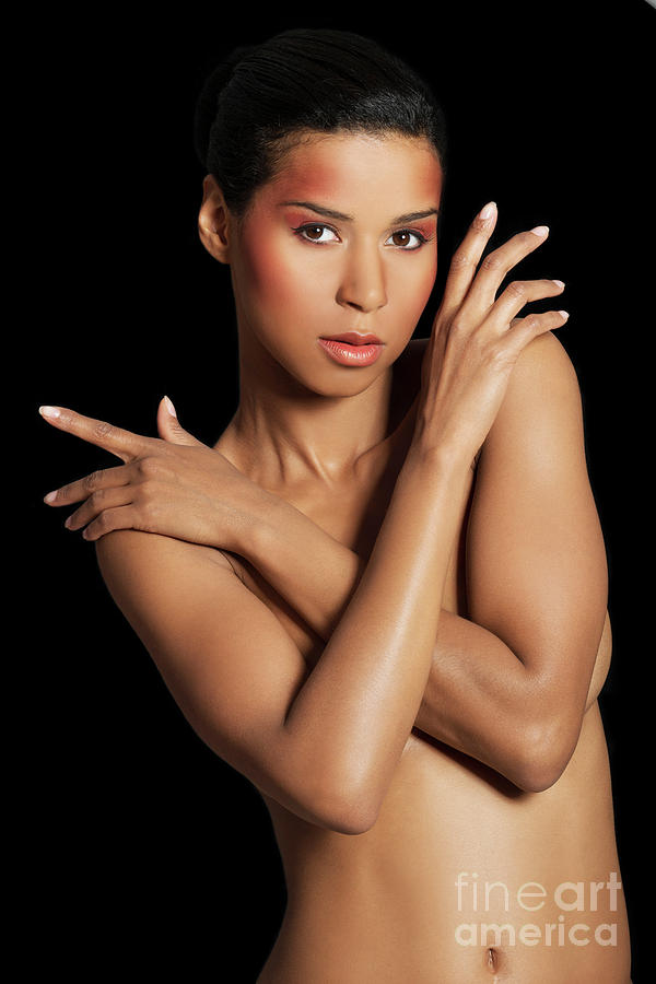 Front View Of Nude Woman Crossing Her Arms On Chest. Stock Photo