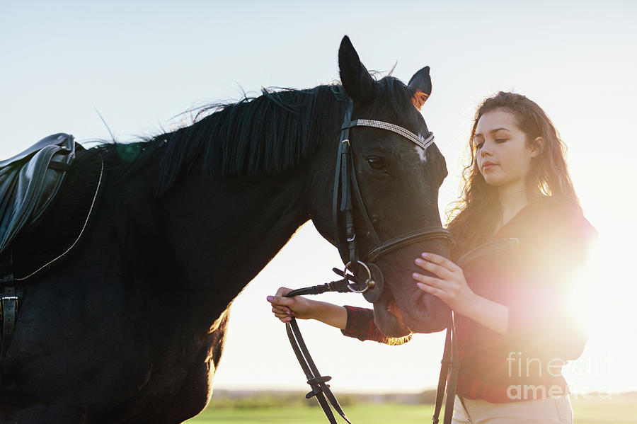 Attractive young woman holding a dark horse on a harness. Photograph by Michal Bednarek