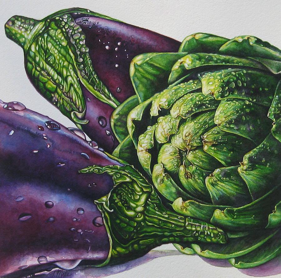 Aubergines and an Artichoke Painting by Tracy Male