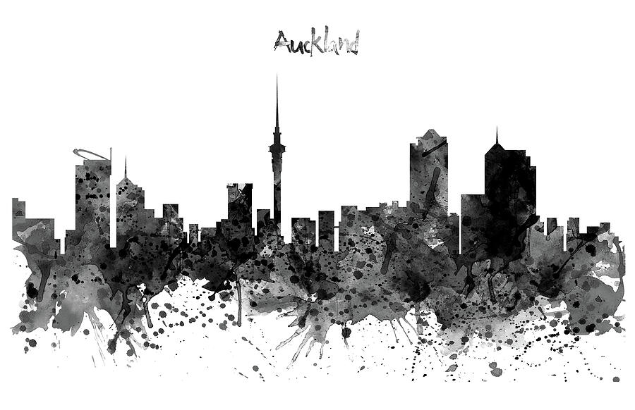 Auckland Black and White Watercolor Skyline Painting by Marian Voicu
