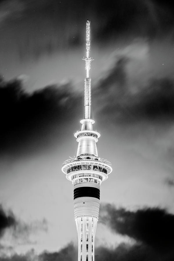Auckland Sky Tower Night BW Photograph by Joan Carroll
