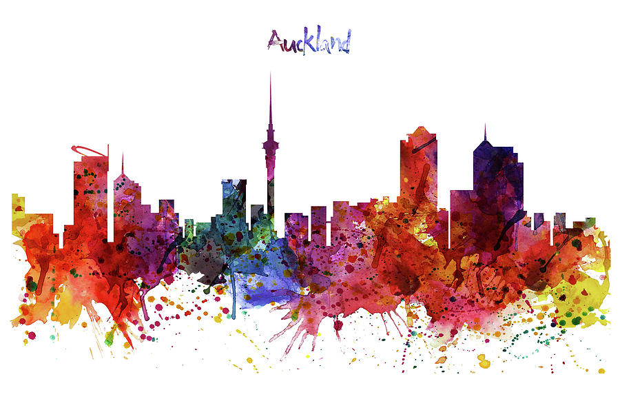 Auckland Watercolor Skyline Painting by Marian Voicu